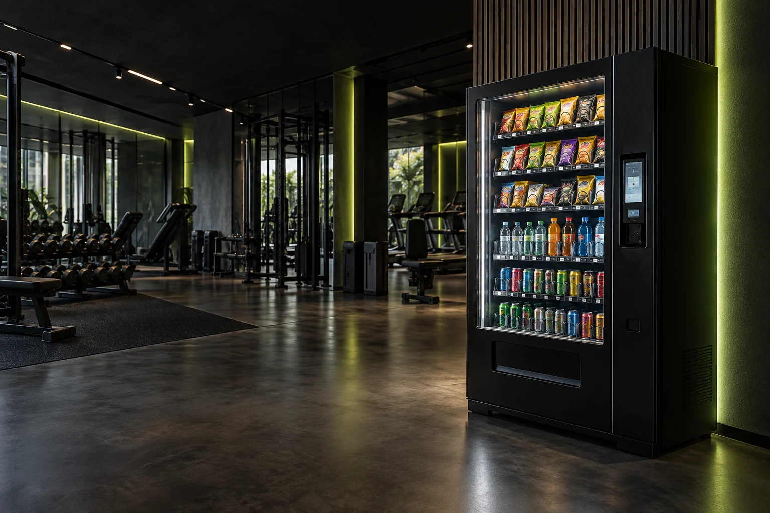 Máquina expendedora de snacks y bebidas en un gimnasio contemporáneo